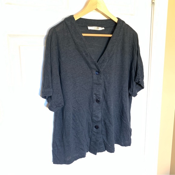 Simons Tops - Contemporaine Simons Navy-Grey Linen Short Sleeve Button Down Shirt Large
